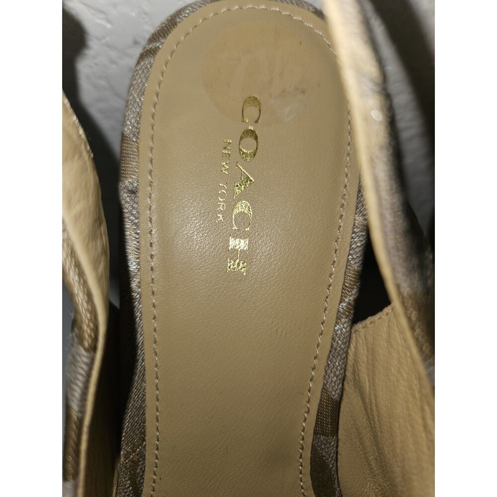 Coach Jessy Size 7.5 Gold Leather Iridescent Canvas Strappy Wedge Sandals - Picture 4 of 15